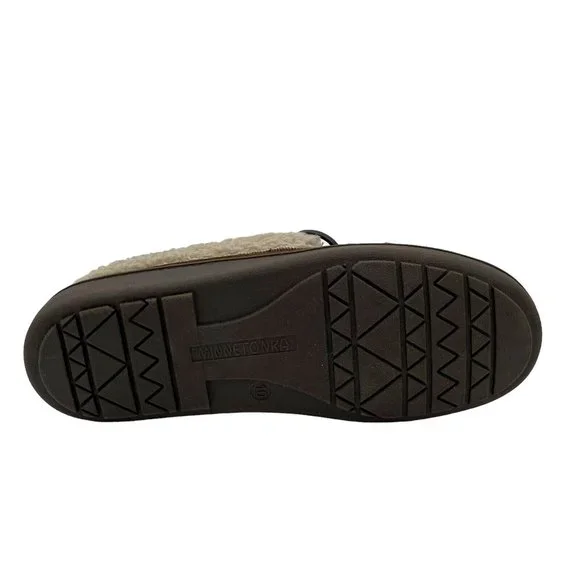 Minnetonka Mens Moccasin Slippers Size 10 Chocolate Suede Upper Faux Fur Lining - Picture 15 of 16